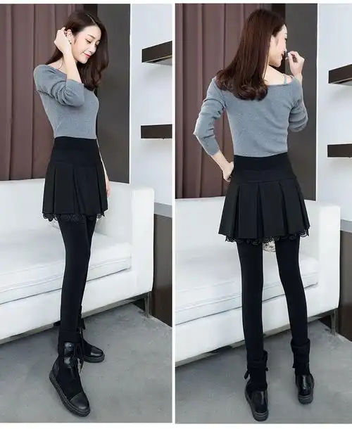 十奕加绒打底裤袜冬季小个子打底裤带裙女加绒加厚踩脚百褶裙裤一体外