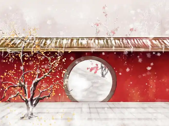手绘中国风唯美场景宫墙梅小寒原创插画插画古风水墨宫墙红墙古建筑
