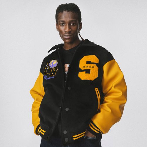 snakelab 20aw 街头黄色皮袖毛呢夹棉翻领刺绣宽松加厚棒球服外套