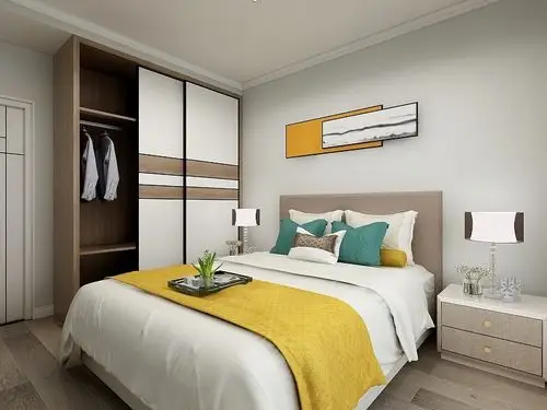 主卧室整体暖色系,灰色地板现在也跟得上年轻人的喜欢