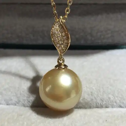 麦典11-12mm正圆强光南洋金珍珠吊坠 18k金托钻石镶嵌 送银链——麦典