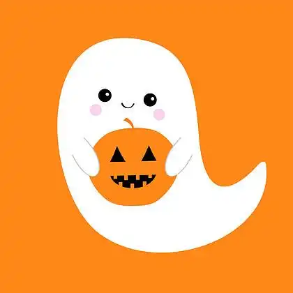 可爱的卡通幽灵婴儿角色. 微笑的双手. 橙色背景贺卡. 平面设计.