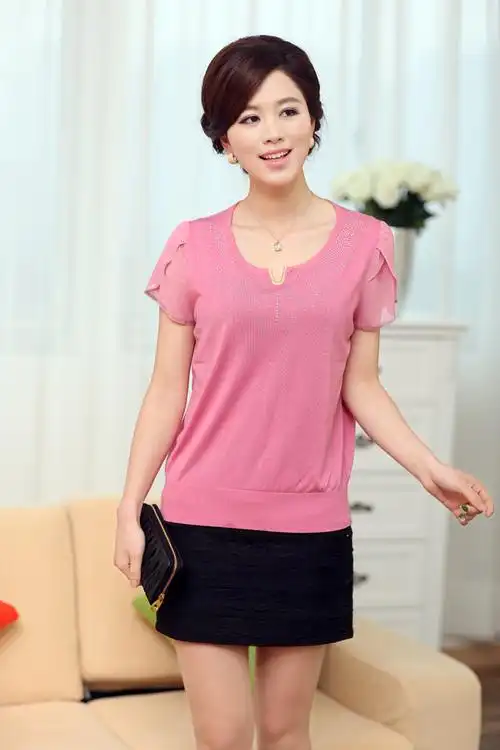 中老年服装夏装中年女装短袖t恤大码妈妈装上衣针织
