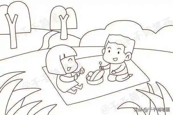 郊游放风筝春天去哪玩野餐郊游主题儿童简笔画野餐郊游简笔画幼师零食