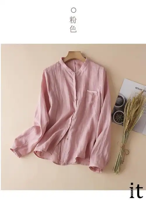 stayle it 法式奢侈品牌女装纯色亚麻立领休闲衬衫女潮春季新款上衣