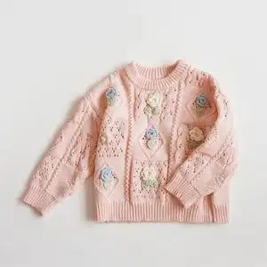 2021新款女童薄款毛衣宝宝纯手工钩花套头毛衣儿童圆领针织上衣