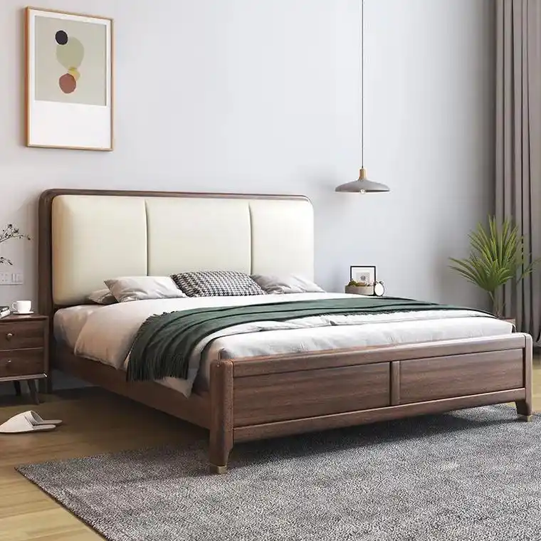 胡桃木实木床现代简约软包1.5米1.8米北欧双人 - 抖音