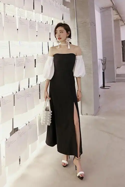 秋季新款一字肩灯笼袖复古长款连衣裙开叉礼服裙露肩性感长裙子女