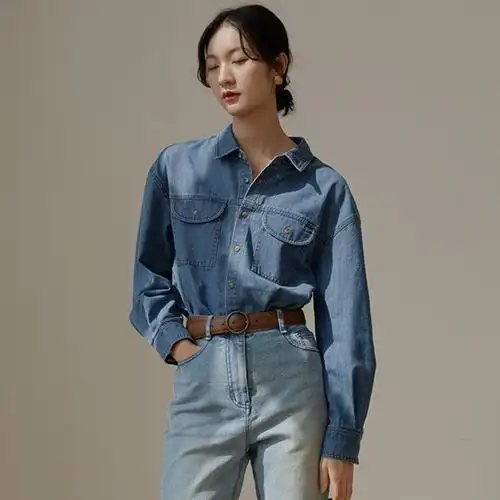 复古流行叠穿牛仔衬衫女冬季新款韩版设计感小众衬衣百搭别致上衣