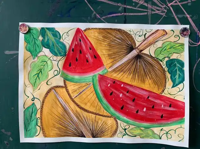 儿童画水粉画颜料画西瓜蒲扇