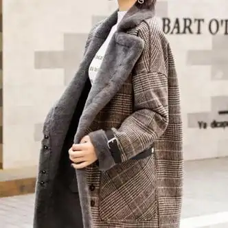 黛筱诗兔毛格子毛呢大衣中长款加绒加厚保暖羊羔毛皮毛一体毛绒外套女