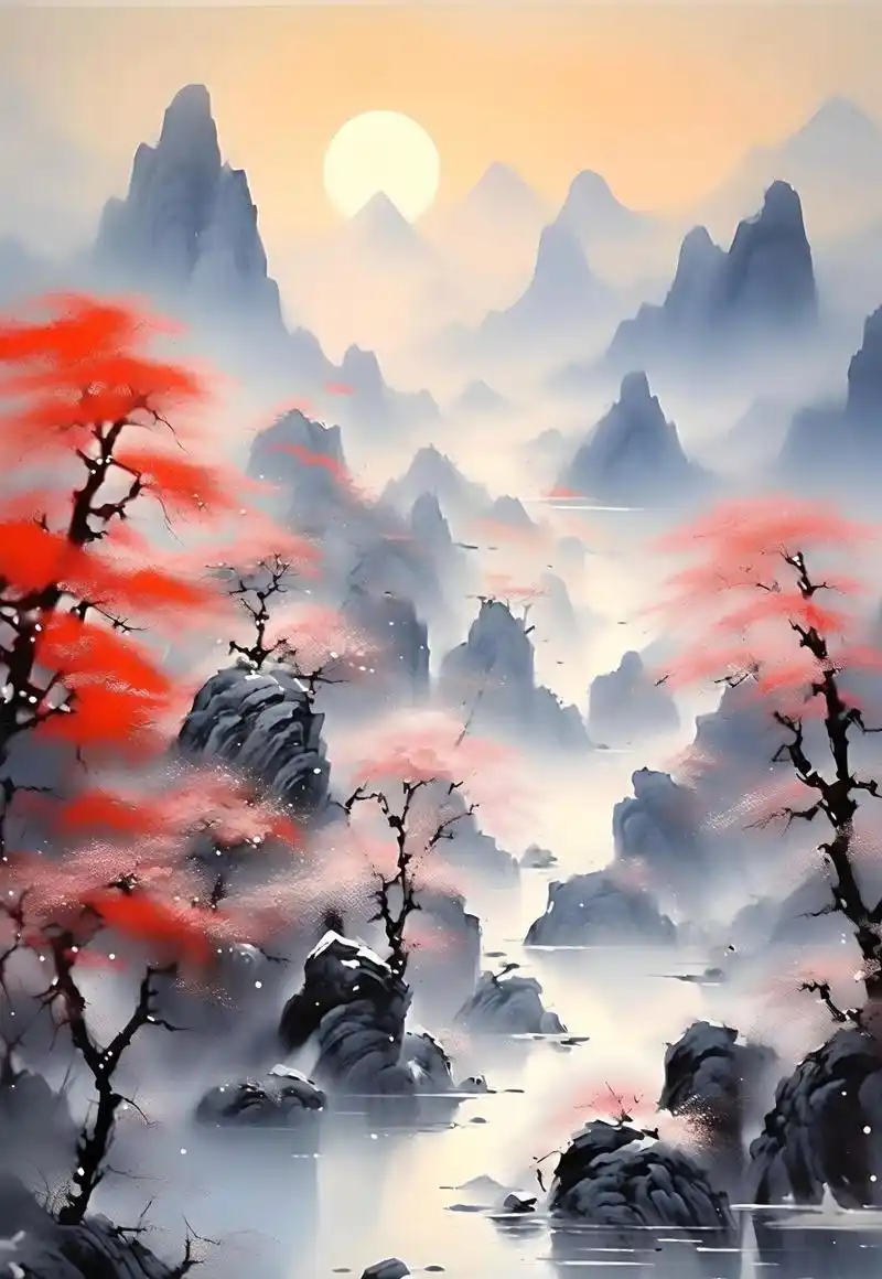 山林静谧迎白雪,枝头银装映朝霞,#水墨画##水墨风##古风##中国画