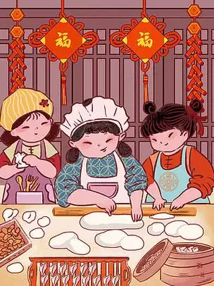 素材包饺子细节制作场景卡通手绘一家人包饺子场景传统冬天节气包饺子