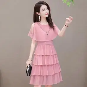 新款气质淑女流行显瘦露肩蛋糕裙子潮小个子雪纺连衣裙女2022夏季