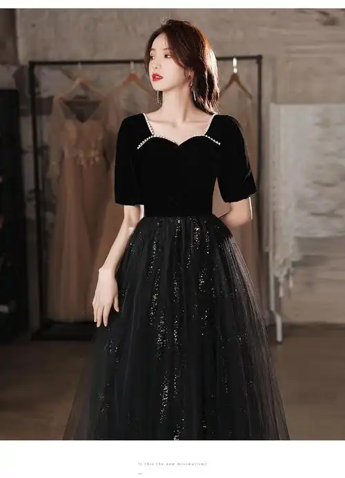 冬季元旦女士礼服宴会晚礼服裙黑色法式小众气质年会长裙声乐艺考晚