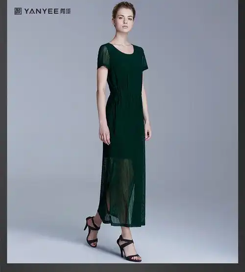 颜域品牌女装夏装新款欧美简约镂空条纹网纱弹性修身连衣裙20s6328