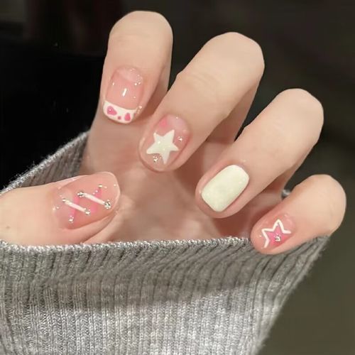 美甲贴片假指甲儿童穿戴甲短款学生显白可拆卸甲片成品甲 可爱星星短