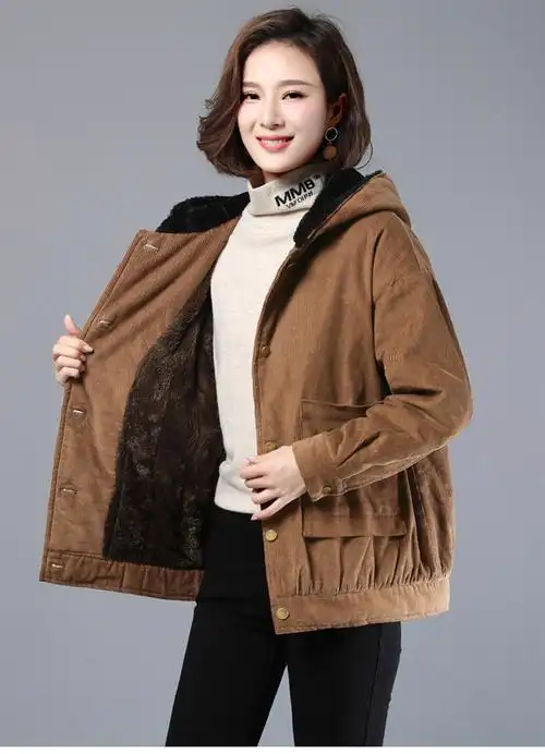 阔柚加绒加厚灯芯绒短款外套2021冬装新款秋冬季女装休闲宽松女士连帽