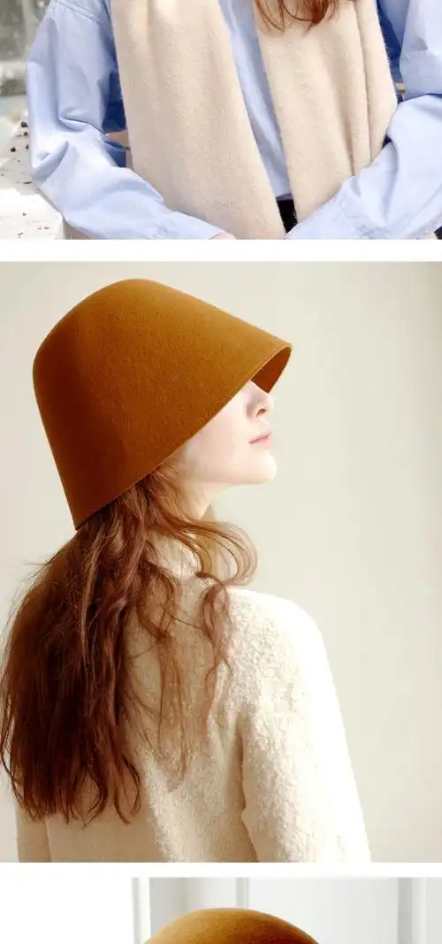 新上日系羊毛呢高筒帽秋冬季复古时尚女士遮阳渔夫帽子网红