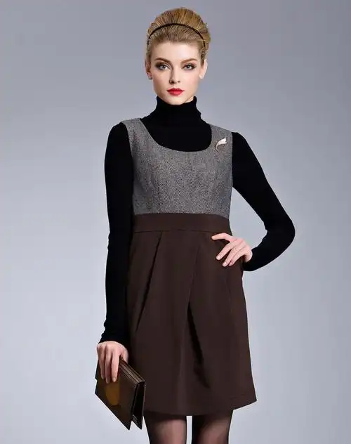 灰咖啡色时尚撞色连衣裙