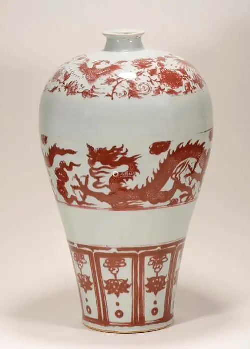 元代 釉里红龙凤纹梅瓶