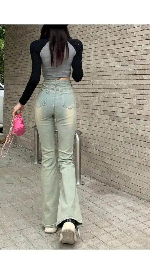 直筒喇叭长裤子马蹄微喇牛仔裤女春秋修身弹力拖地高腰vibe风美式