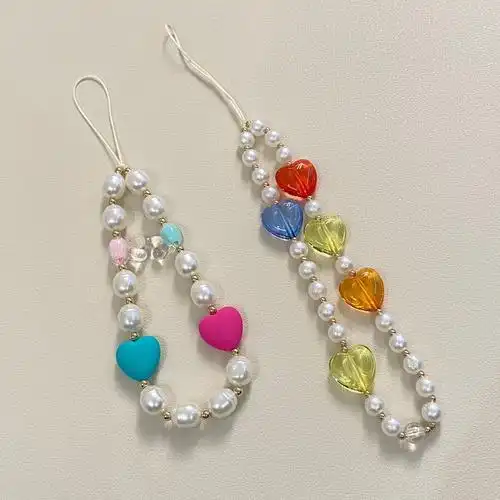 多色爱心手机diy手机链挂珠珍珠串珠手机绳现货批发抖音爆款直播