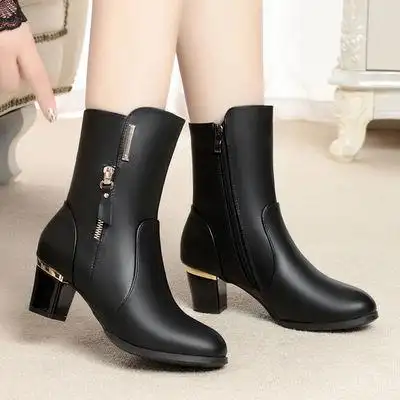 【真皮】秋冬季中筒靴女2020新款中跟粗跟尖头时尚百搭女士中筒靴