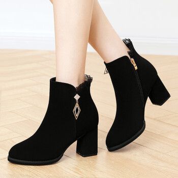 skgoldy春季新款圆头粗跟短靴韩版加绒侧拉链女靴绒面女鞋子切尔西靴
