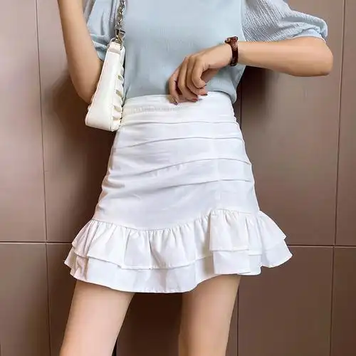 半身裙女2021夏季新款高腰气质短裙皱皱荷叶半身裙