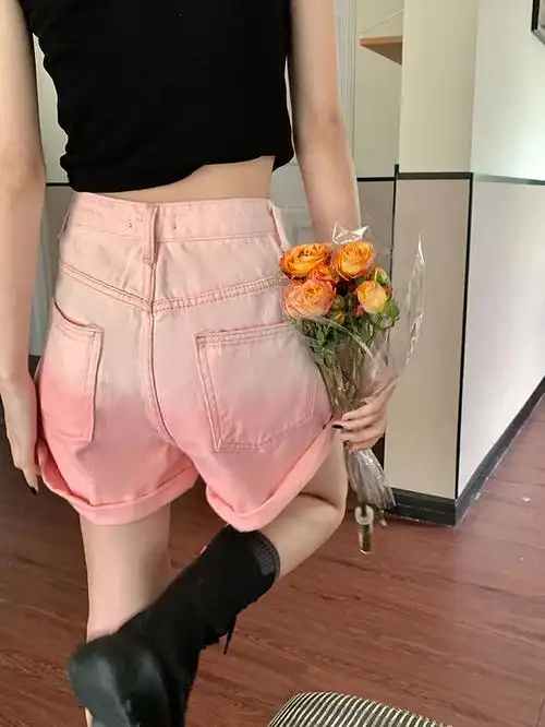 美式粉色渐变牛仔短裤女夏季新款 - 17网
