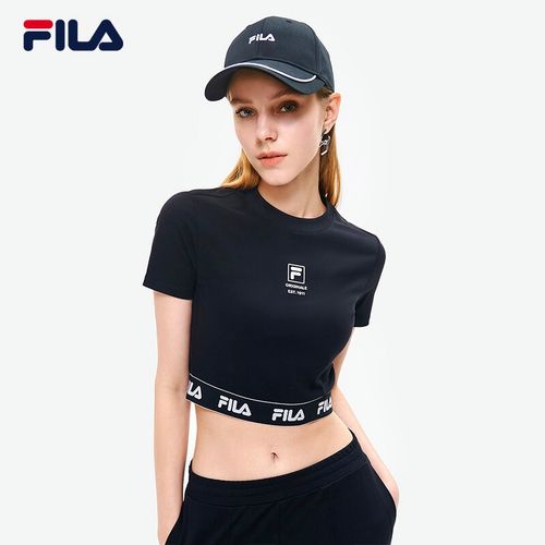 fila 斐乐官方短袖t恤女2022夏季修身短款显瘦短t女 正黑色-bk 160