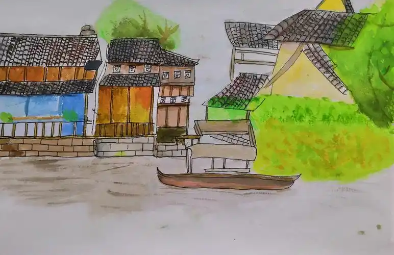 钢笔水彩画《江南古镇》