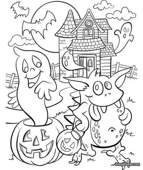 万圣节带着帽子的可爱南瓜小人涂色图片打印 | 红豆饭小学生简笔画大