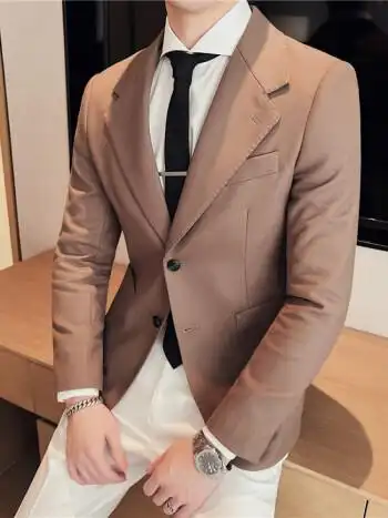 香港老爷车轻奢高档品牌春秋款两粒扣开叉修身痞帅小西装男士休闲感