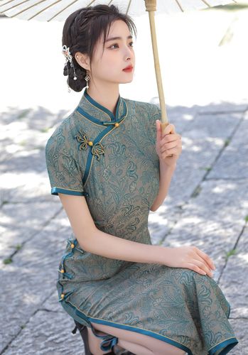 青色旗袍2022年新款夏复古上海大码改良长款简单大方素色气质提花