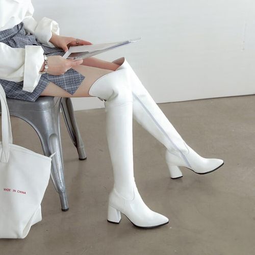 歌莱兔秋冬新款高筒过膝靴白色长靴女显瘦侧拉链粗跟中跟骑士靴子