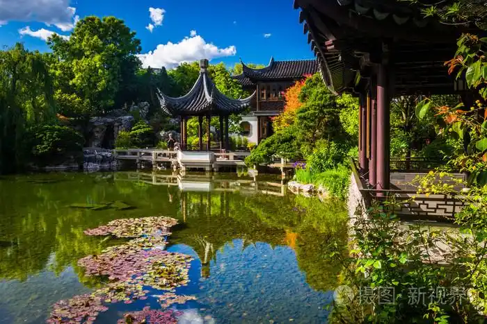 塔和lan苏中国园林在俄勒冈州波特兰市的池塘