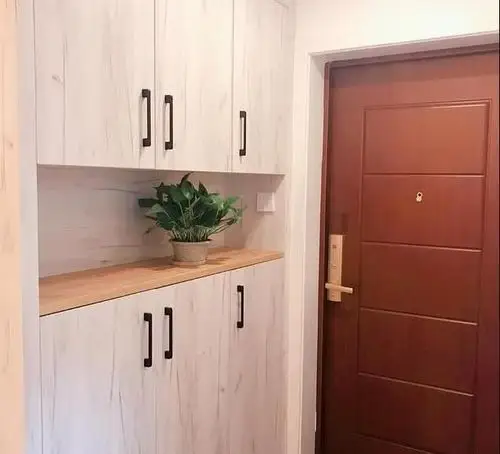 玄关鞋柜,选了苹果白的木柜门,搭配黑色把手,纹理漂亮,比全白耐脏一些