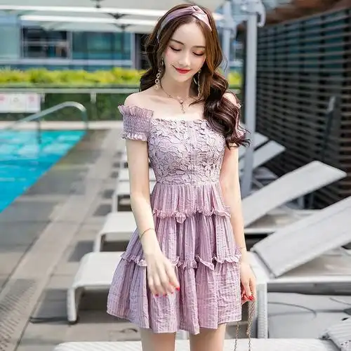 一字肩蕾丝连衣裙夏女2018新款夜店性感露肩气质显瘦超仙少女裙子