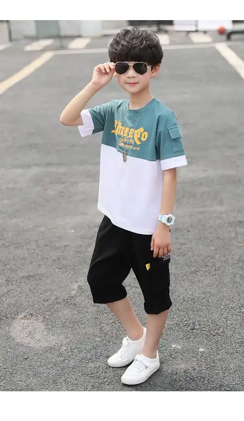 mknarde男童夏装套装中大童十岁帅气2019新款短袖洋气韩版两件套拼接