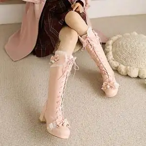 2021秋季新款女童靴子白色洛丽塔公主高跟鞋中大童靴子儿童高筒靴