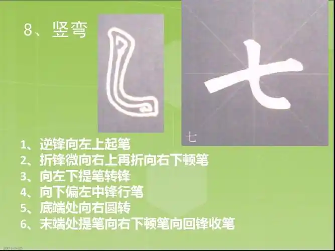 毛笔字基本笔画ppt 8,竖弯 1,逆锋向左上起笔 2,折锋微向右上再折向右