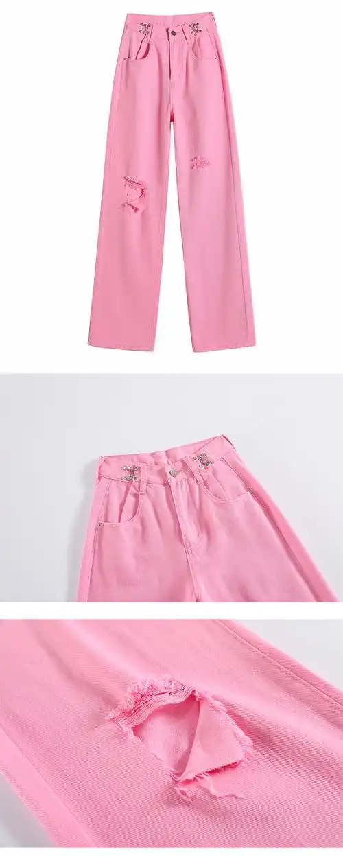 实拍阔腿破洞牛仔裤女夏季薄款2023年新款高腰显瘦直筒粉色裤子 - 17