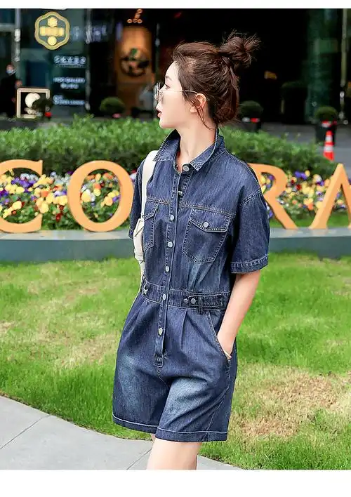 洋气减龄夏天牛仔连体短裤女生牛子连体裤牛仔连体半截裤小个子工装感