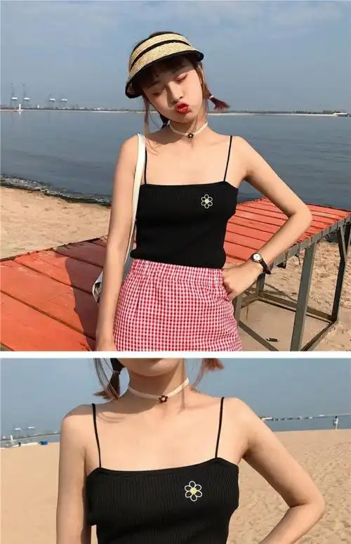 泫雅风花朵刺绣针织吊带背心女外穿夏季2019新款内搭学生打底上衣