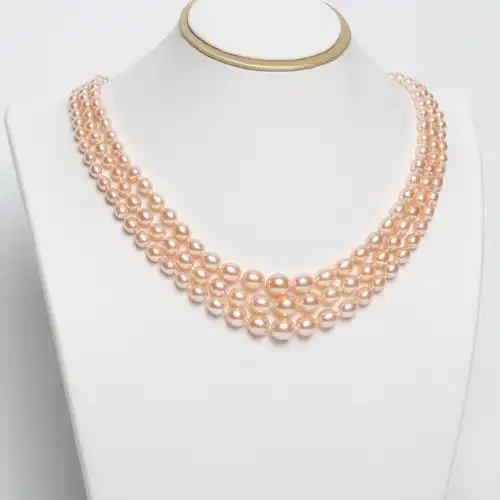 49mm三层米形塔项链颈链淡水珍珠aaaa几乎无瑕颈饰