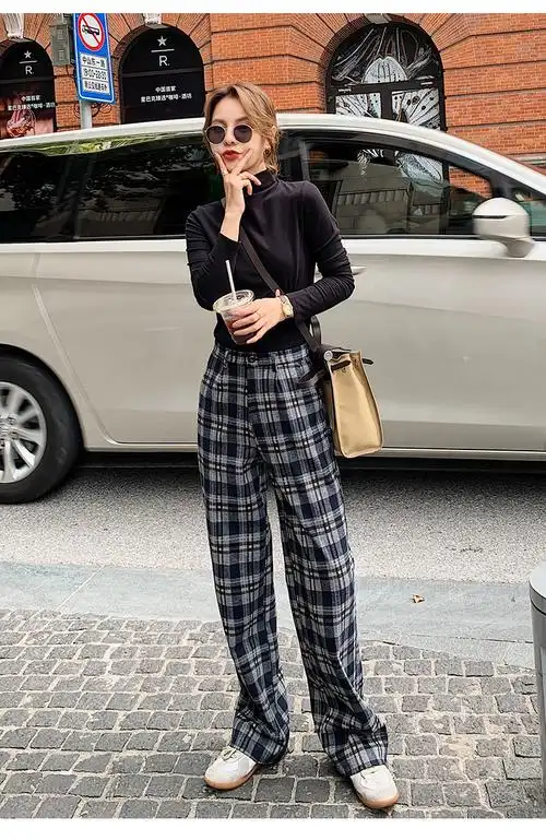 毛呢格子裤女英伦风阔腿长裤2020年秋冬季新款女装高腰垂感拖地裤sn