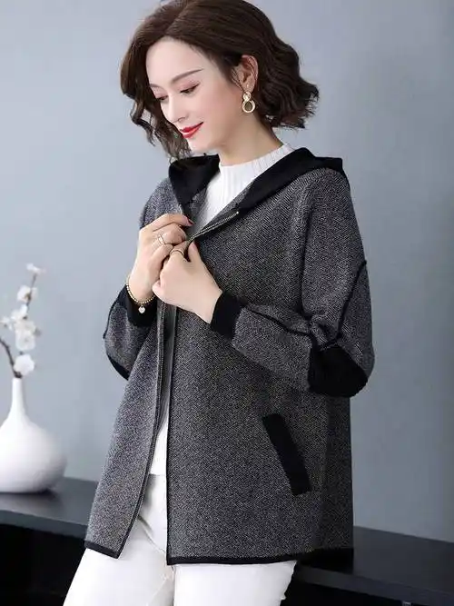 女士短款外套2022上衣新款针织开衫连帽中年妈妈洋气春秋冬装女款