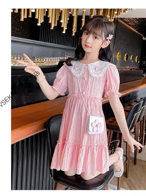 【新品】3-13岁甜美可爱小女孩穿的女童绿色连衣裙纯棉夏季2022新款